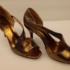 Rampage Gold Snake Embossed Open Toe Heels Size 7.5 M Women’s